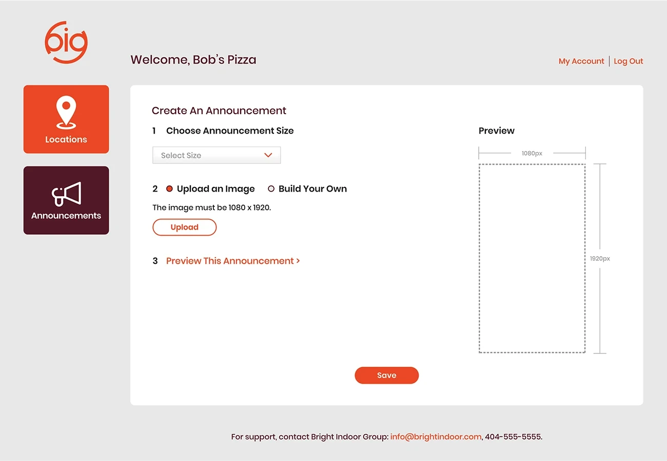 Host admin dashboard announcements view.