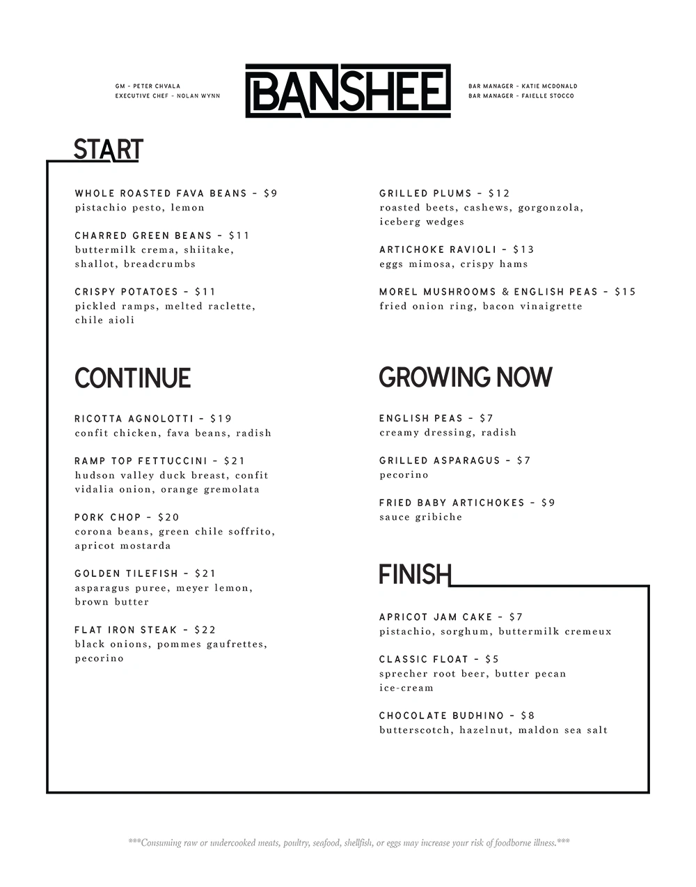 Banshee dinner menu.